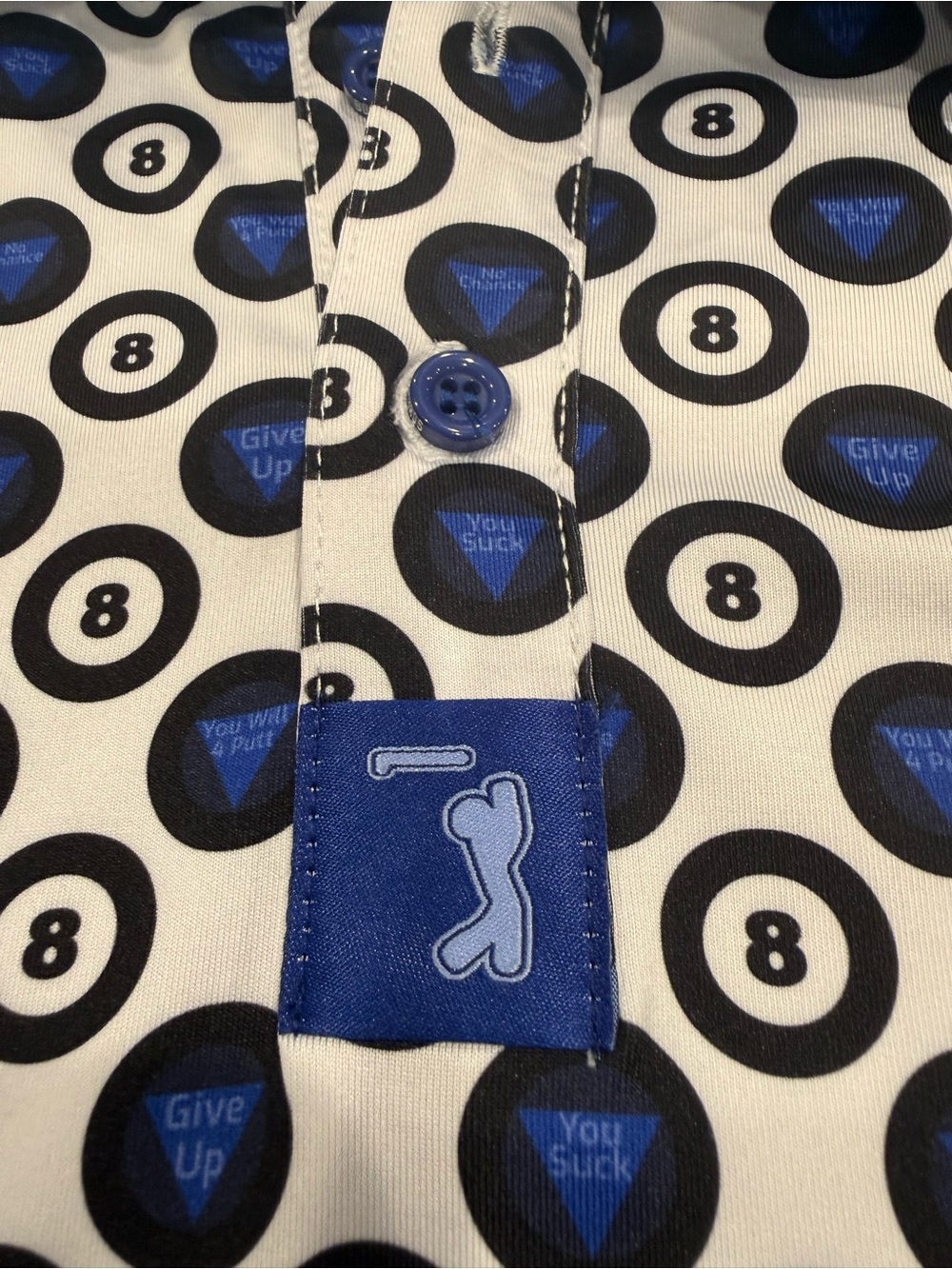 White Polo with Funny Magic 8 Ball Print - Modern Performance Polo - Picture 2 of 5